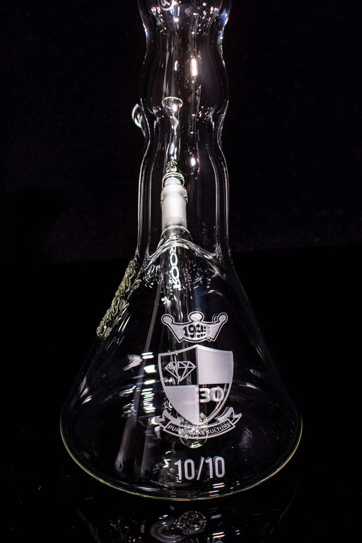 ROOR® Custom 30th Anniversary limited edition 18-inch clear beaker with platinum decal and sandblasted shield design