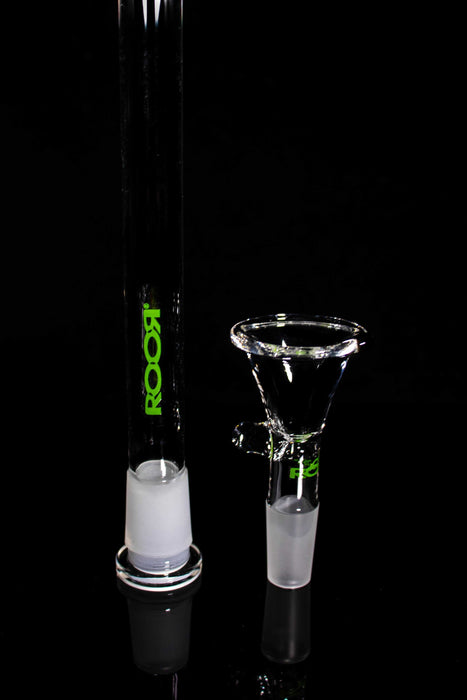 ROOR® Downstem & Bowl Set with Green Decal on black background, showcasing matching glassware.
