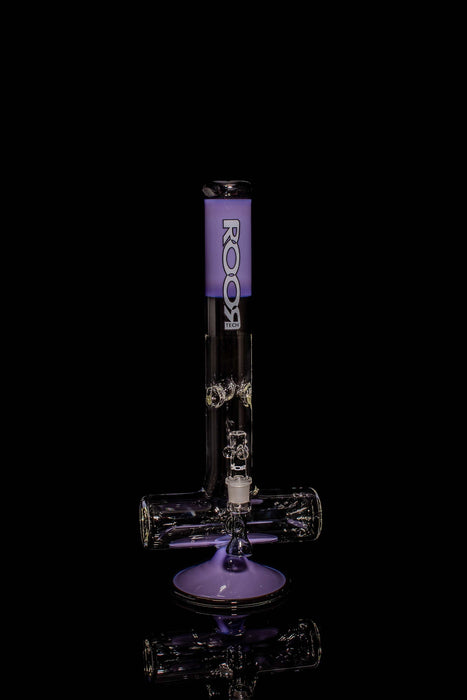 ROOR® Tech 18” Inline Purple & Black glass with flared ends and ice-pinches for cooling, showcasing enhanced percolation design.