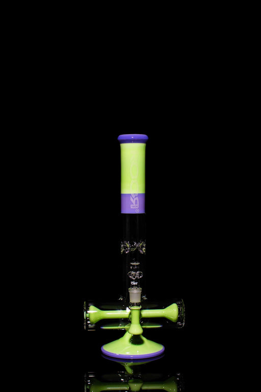 ROOR® Tech 18” Inline water pipe with purple and green glow-in-the-dark decal, 50mm x 5mm glass, featuring redesigned percolation and ice pinches.