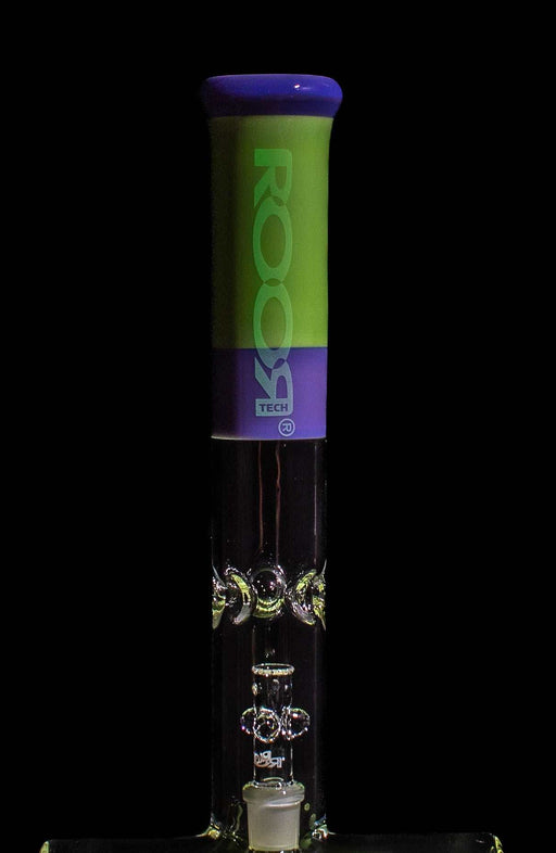 ROOR Tech 18” Inline glass water pipe with purple and green glow-in-the-dark decal and built-in ash catcher