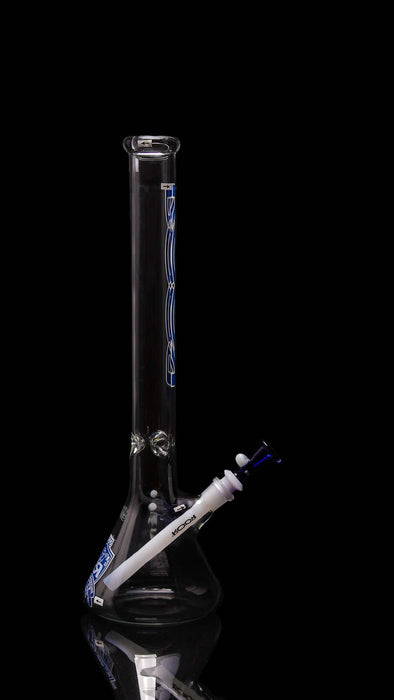 18" blue and white ROOR beaker from Intro Collector Series Ninety, featuring ice pinches and ROOR crest decal.