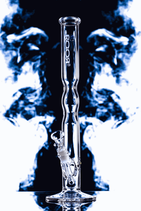ROOR® Custom 30th Anniversary clear straight glass bong with narrowing marble and sandblasted logo, 18" tall, 45x5mm diameter.