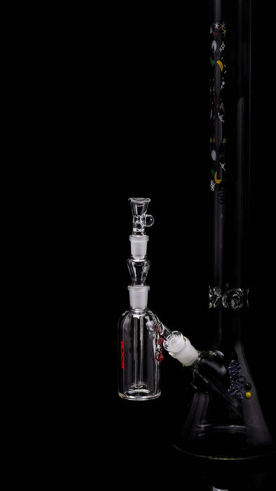 ROOR® Classic Ash Catcher 14.5mm joint with glass arm attachment on black background.
