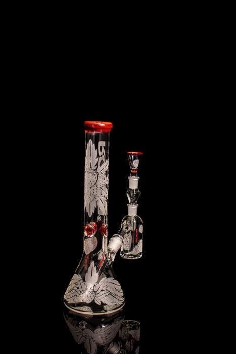 ROOR® Strain Strawberry Dream 14” red edition beaker bong and matching ashcatcher with sandblasted floral design