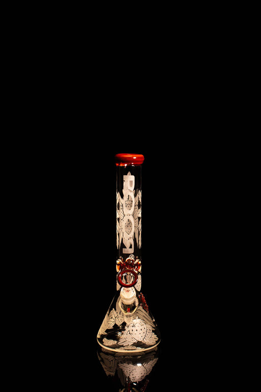 ROOR® Custom Strawberry Dream 14" red edition beaker bong with intricate sandblasted design and colored accents