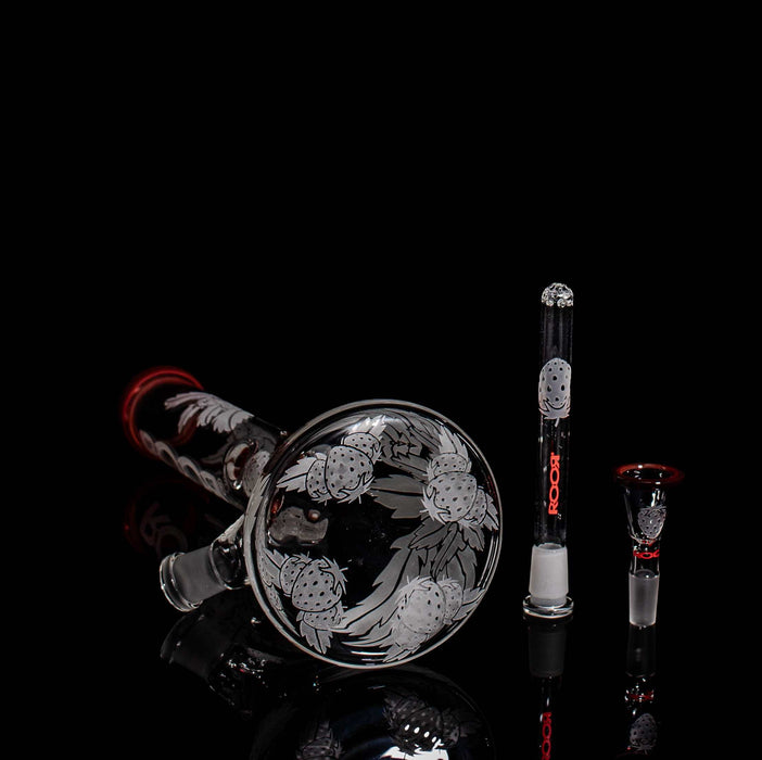 ROOR Strain Strawberry Dream 14-inch Red Edition beaker and matching ashcatcher with custom sandblasted strawberry design