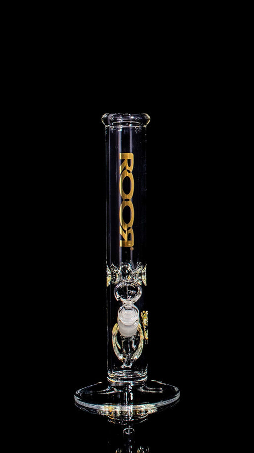 ROOR® Classic 14" Straight glass bong with gold decal on black background.