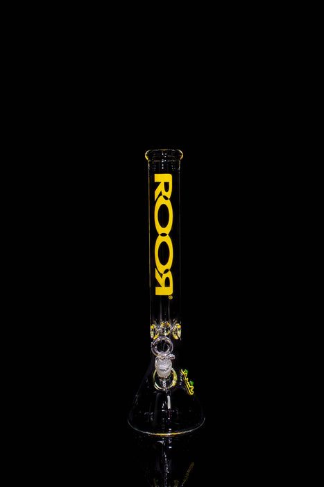 ROOR® Classic 18" Beaker with yellow decal, featuring 50x5mm German Schott glass and ice pinches for cooling.