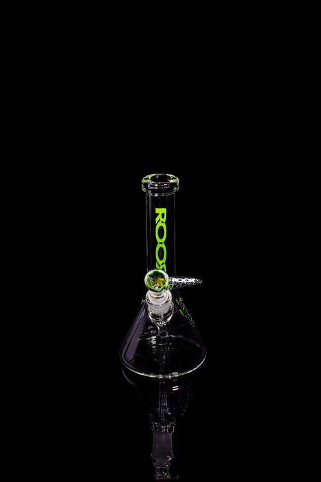 ROOR® Micro 6" Beaker with green decal and custom 10mm bowl on black background.