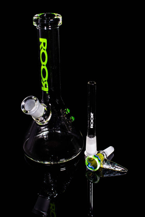ROOR® Micro 6" Beaker with green decal and custom 10mm bowl, 26x4mm clear glass.
