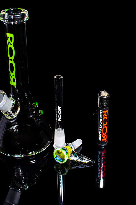 ROOR® Micro 6" Beaker with Green decal and Custom 10mm Bowl on black background.