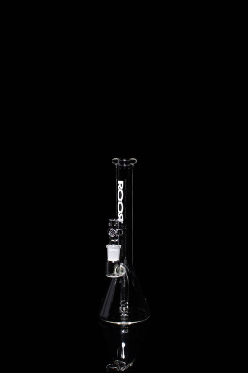 ROOR Tech Fixed 10" Tiny Sista glass water pipe with white ROOR logo on black background