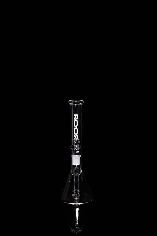 ROOR Tech Fixed 10" glass bong with white logo and black outline decal on black background