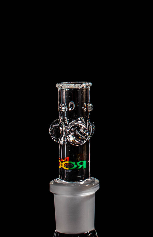 ROOR® Tech Bowl 18mm with Rasta decal, made from German Duran Schott Glass, featuring clear opal-shaped glass drops and a flared lip.