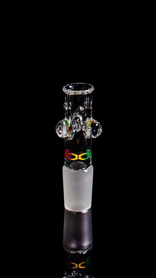 ROOR® Tech Bowl 18mm with Rasta Decal made from German Duran Schott Glass featuring triple-glass pinch and clear opal-shaped glass drops.