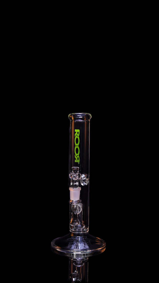 ROOR® Tech Mini Fixed 10” Straight 38x4mm Clear glass tube with green decal on black background.