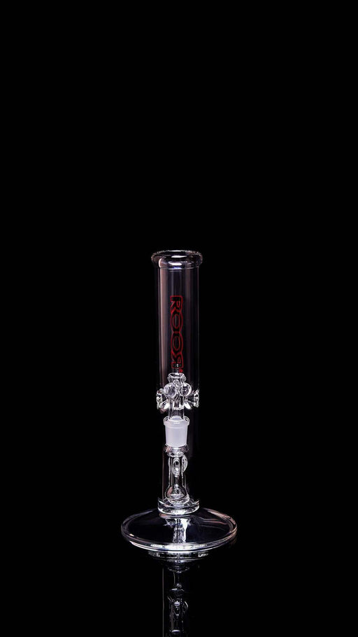 ROOR® Tech Mini Fixed 10” Straight 38x4mm Clear glass tube with red decal on black background.