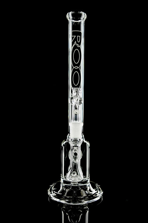 Clear ROOR Tech 14” glass bubbler with black and white logo and percolator design