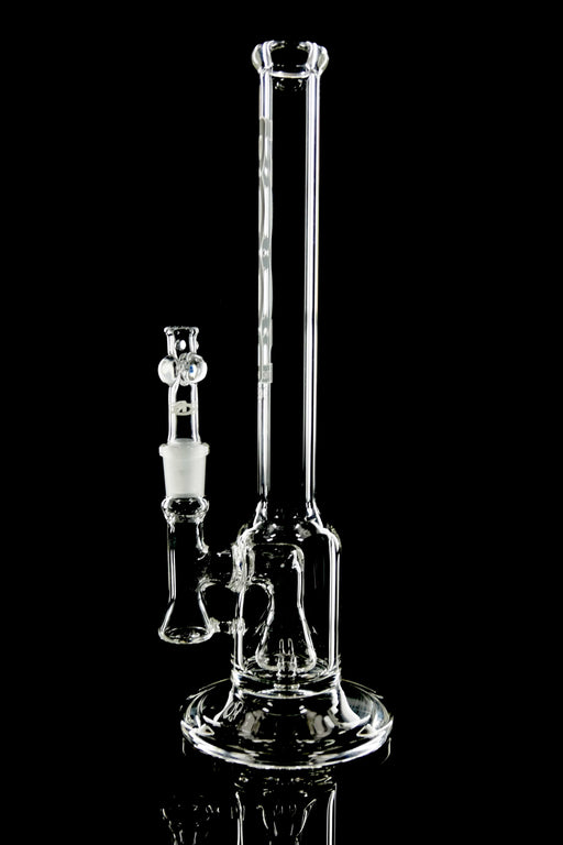 Transparent 14-inch ROOR Tech glass bubbler with percolator and detachable bowl on black background
