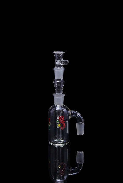 ROOR® Classic Ash Catcher with 14.5mm joint, clear glass with decals, 45° angle arm, black background.