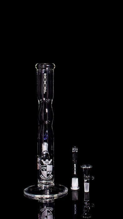 ROOR® Custom 30th Anniversary 14" clear glass bong with narrowing design, marble accent, sandblasted logo, and 30th anniversary shield, featuring 45mm diameter and 5mm thickness