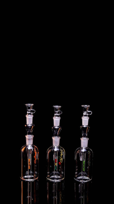 ROOR® Classic Ash Catcher 14.5mm joints, glass body, different angles, black background.