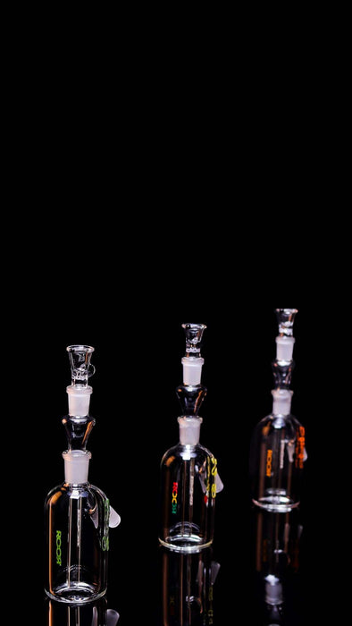 ROOR® Classic Ash Catcher 14.5mm Joint, German Duran Schott Glass, multiple styles, against black background.