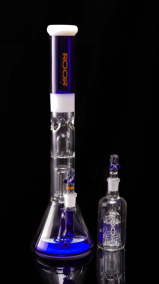 Collectors Set - ROORTech® Fixed 18" Beaker with Barrel Perk and Matching Ashcatcher, Blue & White Design.