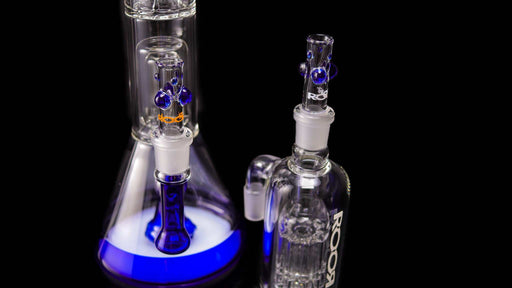 Collectors Set - ROORTech® Fixed 18" Beaker with Barrel Perk and Matching 10 Arm Ashcatcher in Blue and White Glass.
