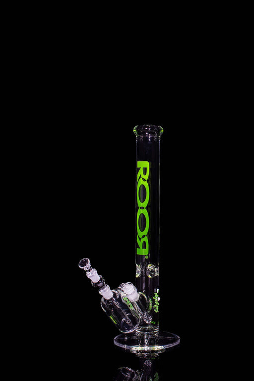 ROOR 18” Straight Base glass bong with green logo and matching ashcatcher on black background