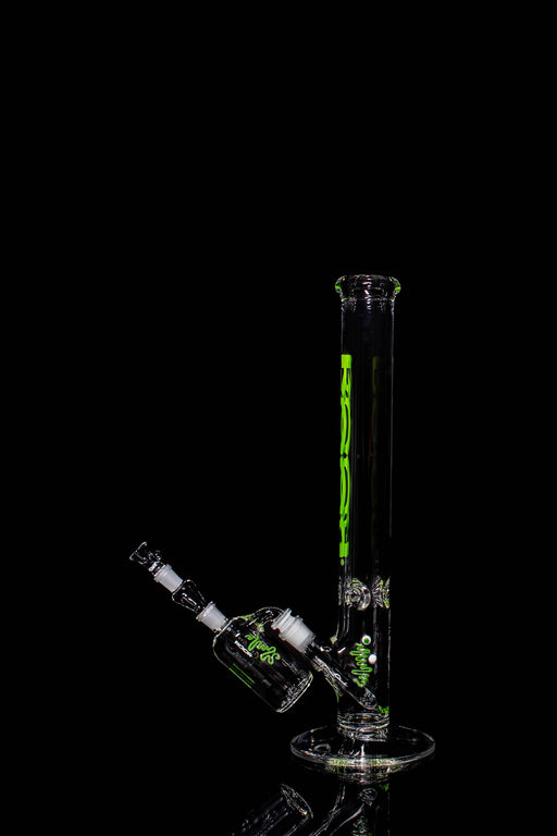 ROOR 18” Straight Base green label glass water pipe with matching ashcatcher and white decals