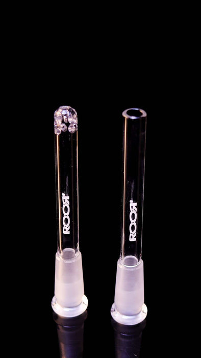 ROOR® Mini Downstem 14.5mm to 10mm glass accessory on black background.
