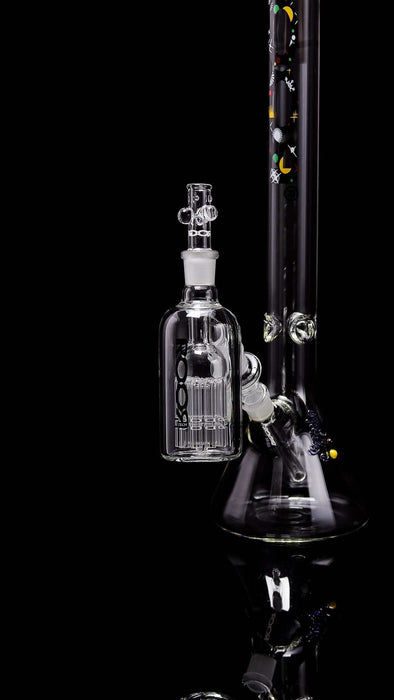 ROOR® Tech® Ash Catcher with 45° arm style, 18.8mm joint, 10-arm tree perc design, attached to glass apparatus.