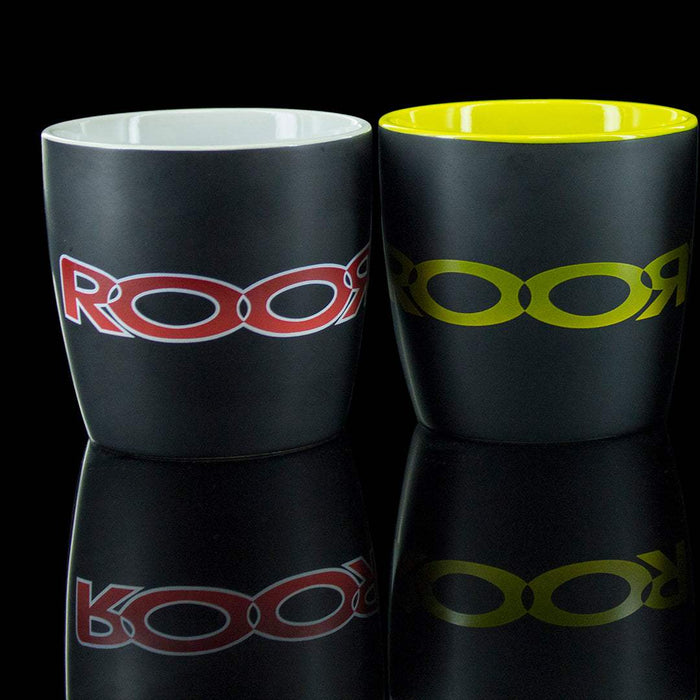 ROOR Collectors Mugs, ceramic 12 oz, matte black exterior, white and yellow interior, assorted decals.