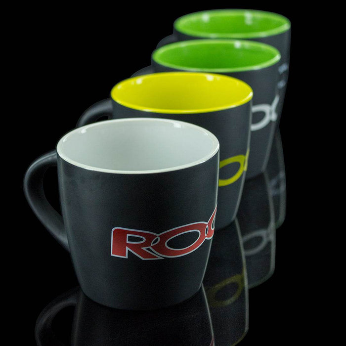 ROOR Collectors Mugs in black with assorted interior colors and decals.