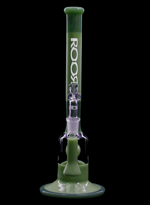 ROOR Tech 14-inch glass bubbler in milky and mint colors with built-in percolator and 14.5mm bowl.