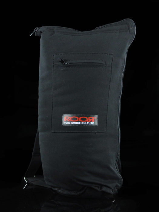Black ROOR® Traveling Carrying Bag for glass tubes with exterior pocket and logo.