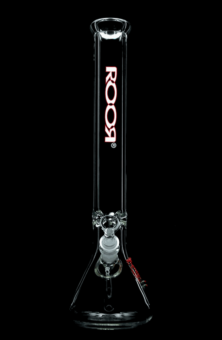 ROOR Classic 18-inch clear glass beaker bong with white and red logo, 50x5mm thick German Schott glass, ice pinches, and hand-cut downstem.