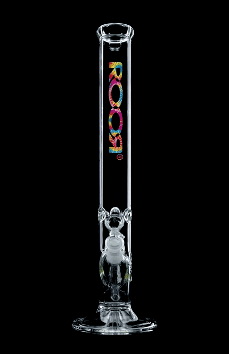 ROOR Classic 18" straight glass bong with 50x5mm German Schott glass and colorful tie dye logo.