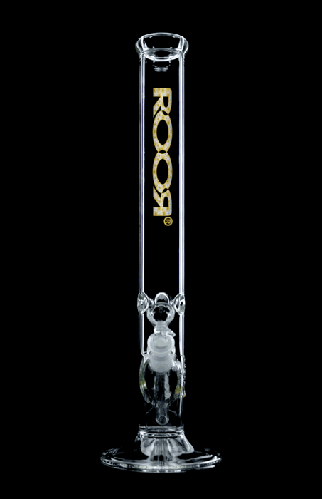 ROOR Classic 18-inch straight glass tube bong with gold logo and daisy decal, made from 50x5mm German Schott glass.
