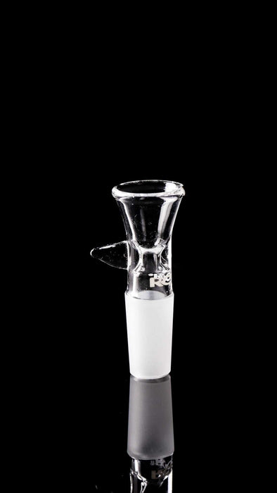 ROOR 14mm Classic clear glass funnel bowl with pointed handle and 14.5mm male joint on black background