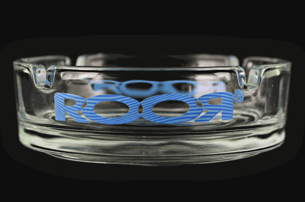 ROOR Collector Glass Ashtray with blue decal design.