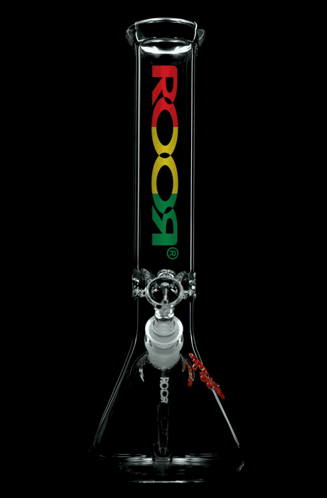 ROOR Classic 14-inch beaker bong with 50x5mm German Schott glass and Rasta logo in red, yellow, and green colors.
