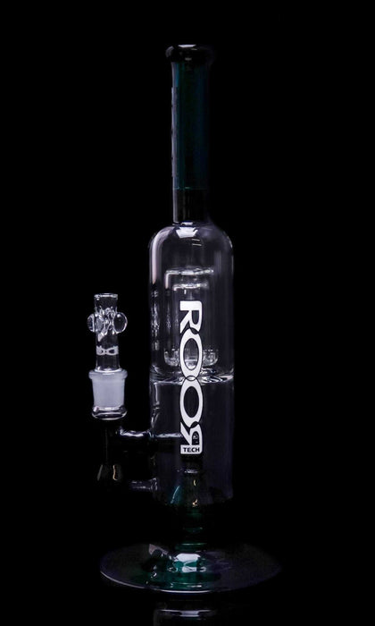 ROOR Tech Fixed 14" 50x5 Barrel Bubbler in jade and black glass with dual percolators and stemless design