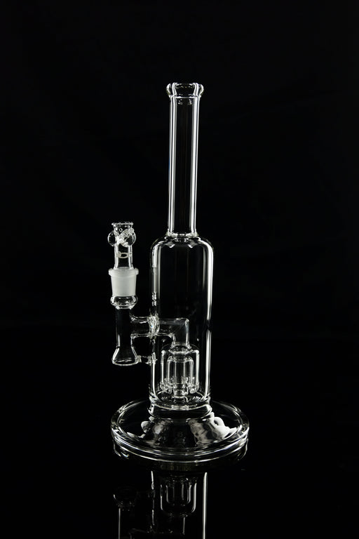 ROOR® Tech Fixed Barrel Bubbler Clear on black background, showcasing glass design and sturdy base.