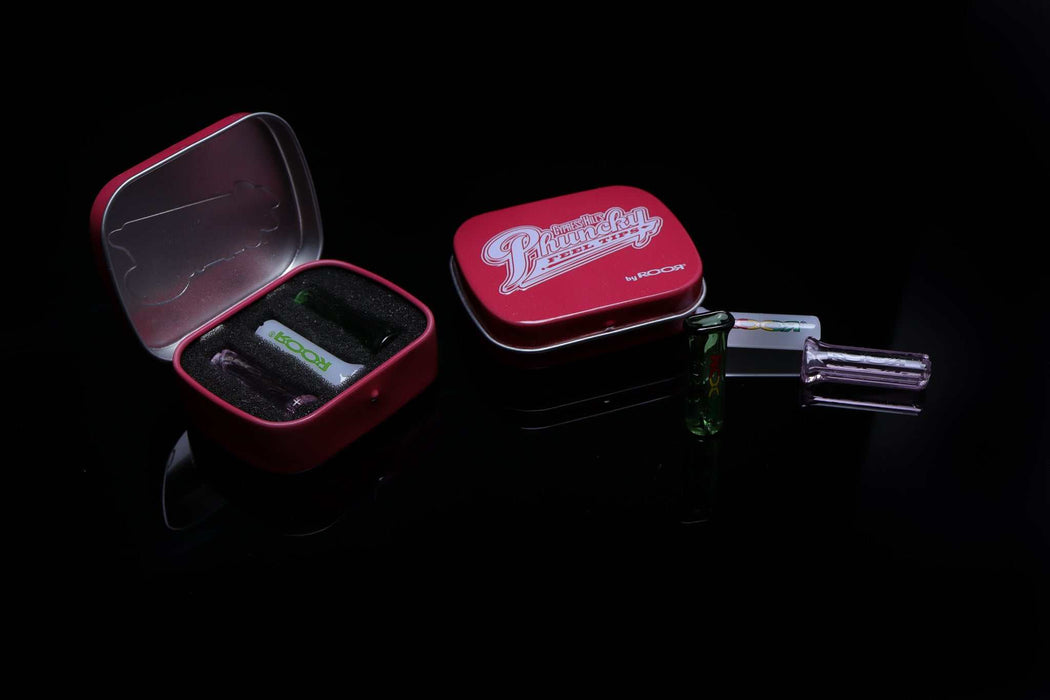 ROOR Pink Collector Tin with Glass Plus Tip, pack of 3, displayed with pink flip top tin and glass tips on black background.