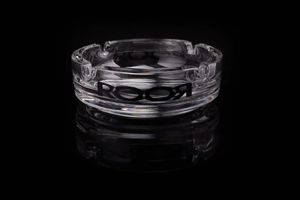 ROOR Collector Glass Ashtray with black decal design.