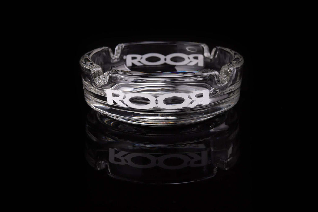 ROOR Collector Glass Ashtray with white logo on black background.