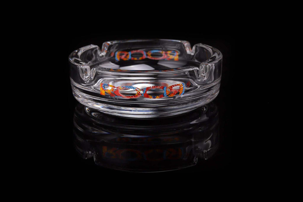 ROOR Collector Glass Ashtray with colorful decal on black background.